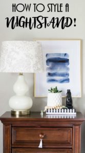 How To Style A Nightstand, How to decorate a nightstand, nightstand decor, watercolor print, wood bead garland, double gourd lamp, horse statue nightstand with tassels