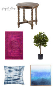 homr decor, home decor ideas, pink rug, bay leaf tree,shibori pillow