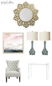 Friday Favorites, home decor ideas, teal lamp,gold mirror.wake print,tufted chair.acrylic console,