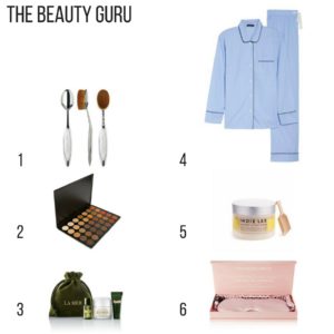 Holiday Gift Guide. Beauty Guru, Gift Ideas ,makeup brushes, blue pajamas, eyeshadow palette, skincare cream, sleep mask, bath scrub