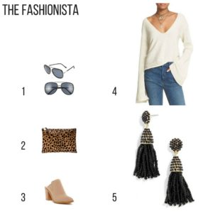 Holiday Gift Guide. The fashionista, gift ideas, sunglasses, leopard clutch, mule bootie, tassel earrings, bell sleeve sweater,