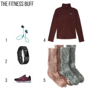 Holiday Gift Guide, The fitness buff, wireless earbuds, fitbit, nike shoes, Patagonia pullover, cozy socks,