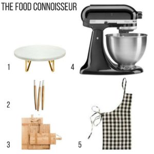 Holiday Gift Guide for the food connoisseur, marble footed stand, french rolling pins, reclaimed bread boards. check apron, kitchenaid stand mixer,