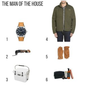 Holiday Gift Guide. leather strap watch, Rigid Jobmax, yeti cooler, north face thermoball. leather gloves, grooming kit,