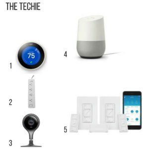 Holiday gift guide for the techie, nest thermostat, smart power strip, nest cam, google home, smart light kit,
