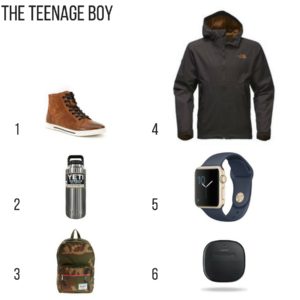 Holiday gift guide for the teenage boy, kenneth cole fence around sneakers, yeti rambler, camo backpack, north face jacket, blue apple watch, bluetooth speaker,