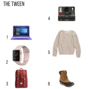 Holiday gift Guide for the tween, Hp laptop, apple watch, hersel backpack, Polaroid, sweater, waterproof boots,