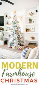 A flocked Christmas tree decorated in red, green and gold gives a big dose of nostalgia to this modern farmhouse living room.