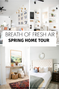 breath of fresh air spring home tour: neutral modern farmhouse/California cool living room with pops of warm leather and blue.