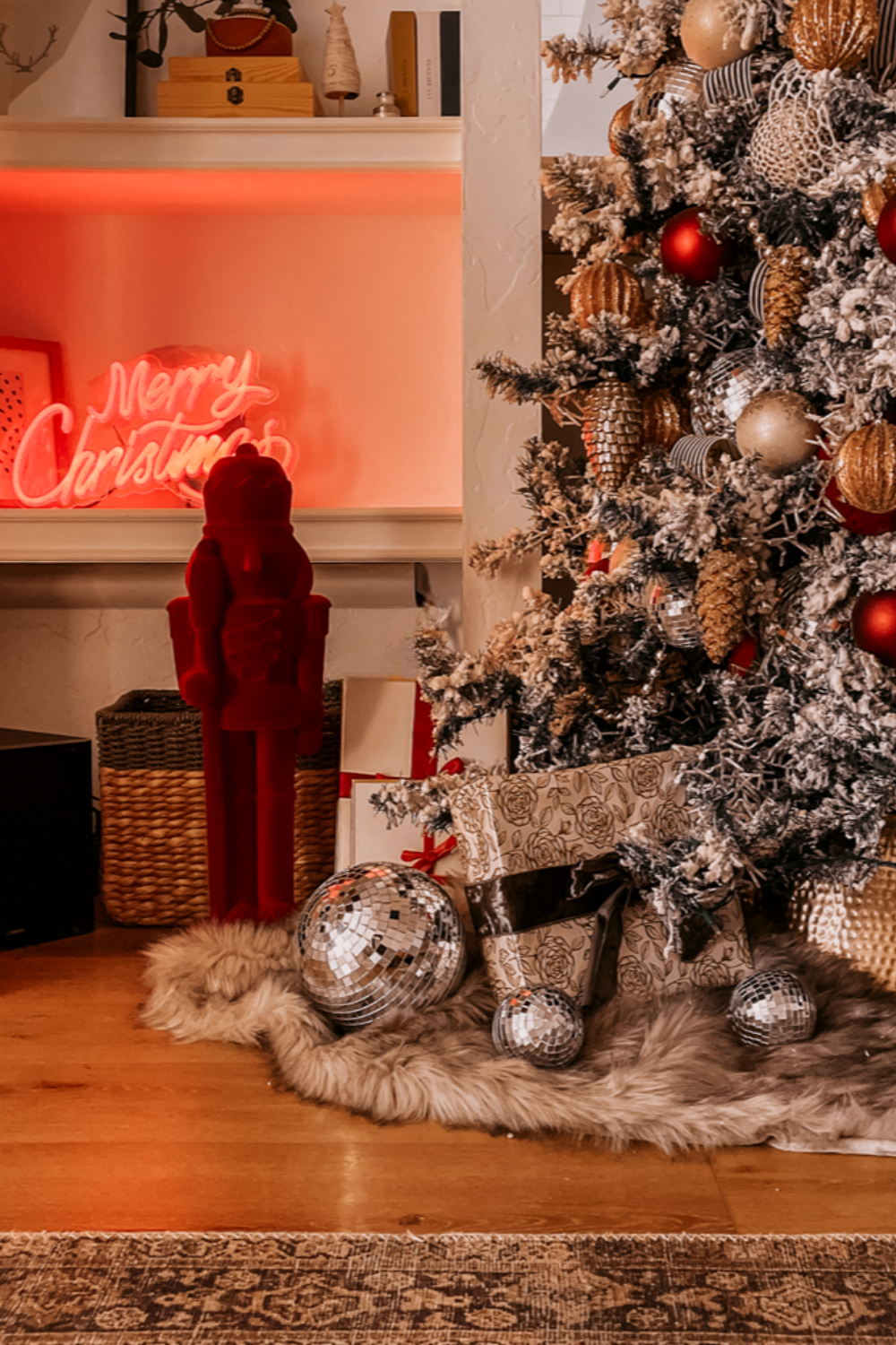 A Modern Christmas living room Decorated with a red neon Merry Christmas sign